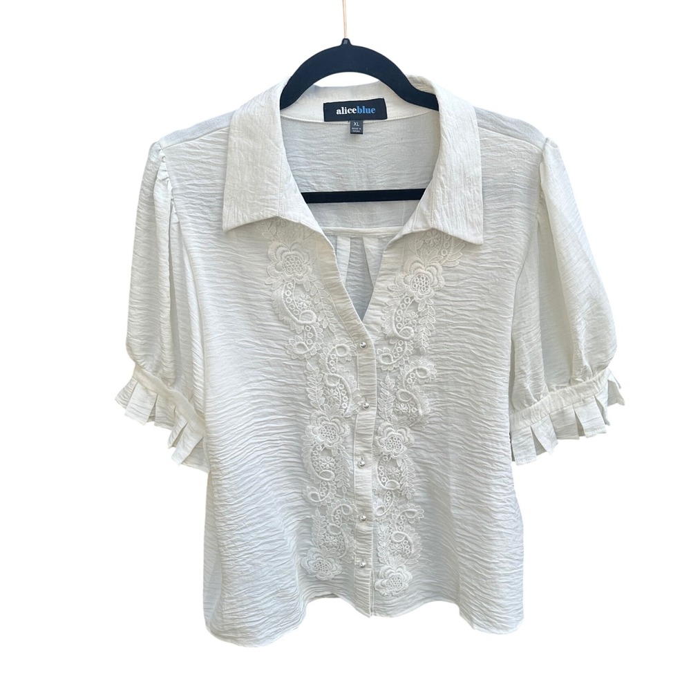 Alice Blue White Lace Embroidered Short Sleeve Blouse XL T43719 Textured Top